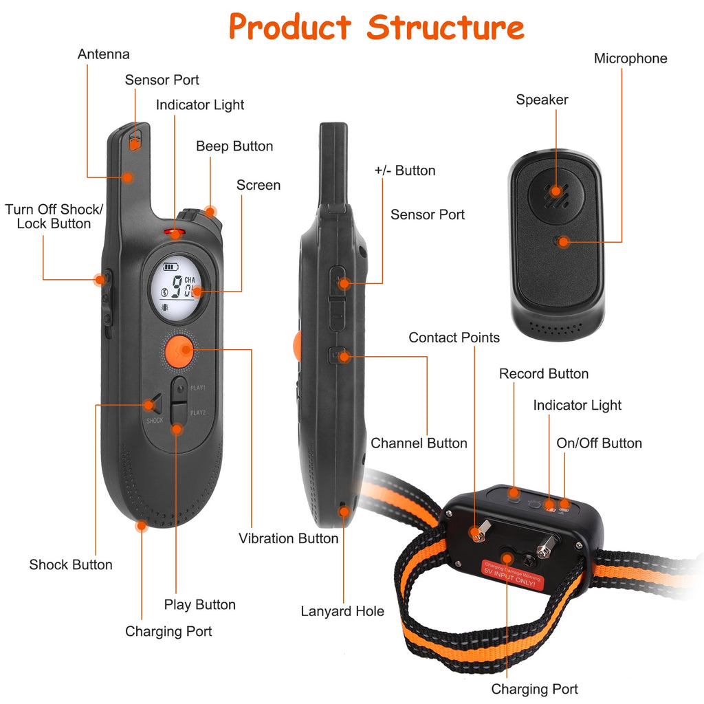 1Pc 984FT Dog Training Collar IP65 Waterproof Pet Beep Vibration Electric Shock Collar 3 Channels Rechargeable Transmitter Receiver Trainer With Recording Safety Keypad Lock